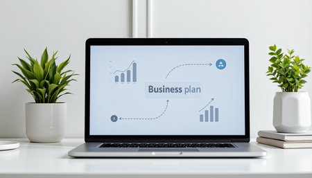 A sleek laptop shows a business plan with engaging charts and graphs, surrounded by decorative plants in a contemporary workspace setting.の素材