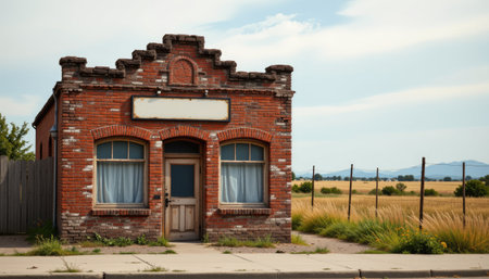 An abandoned brick building stands stoically in a vast golden field, surrounded by fencing under a bright blue sky, evoking nostalgia and solitude.の素材