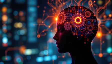 This striking image features a human silhouette, filled with gears and circuit patterns, symbolizing the fusion of technology and human intelligence, ideal for innovation themes.の素材