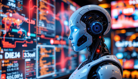 This captivating image features a humanoid robot with striking design elements and vibrant data analytics in the background, showcasing advanced AI technology and futuristic innovation.の素材