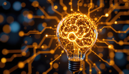 This striking image features a light bulb intertwined with a glowing brain and circuit connections, representing creativity, innovation, and digital technology.の素材