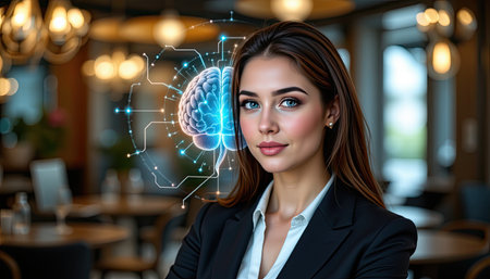 A confident businesswoman stands in a modern office, showcasing a digital brain overlay symbolizing innovation and intelligence. The scene conveys creativity and professional ambition.の素材