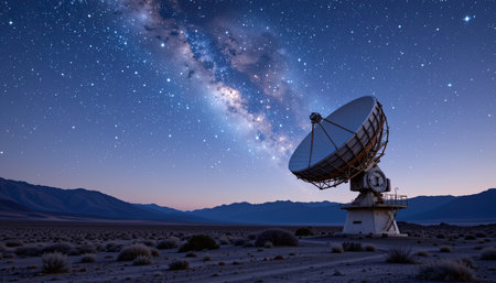 A stunning satellite dish stands in a serene desert landscape under a brilliant night sky. The Milky Way galaxy illuminates the scene with countless stars.の素材