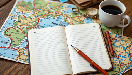 A serene flat lay featuring an open notebook on a wooden table, surrounded by a detailed map, a steaming coffee cup, and a classic pen. Ideal for travel enthusiasts.の素材