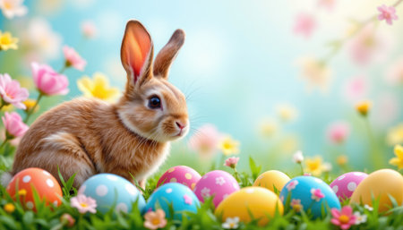 A charming rabbit sits in a lush garden surrounded by colorful Easter eggs, capturing the essence of spring with blooming flowers and pastel colors.の素材