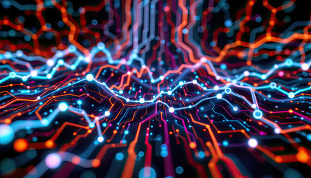 This captivating abstract image features colorful lines and dots representing a digital network. It captures the essence of data flow and connectivity in a modern, futuristic design, perfect for technology-themed projects.の素材