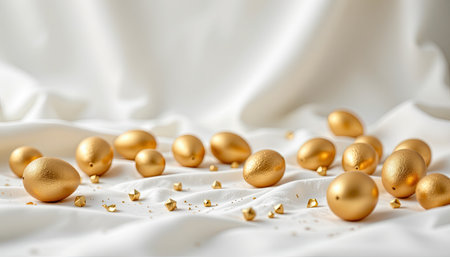 This image features a stunning arrangement of golden eggs scattered across soft white fabric, enhanced by gentle sparkles, perfect for festive displays.の素材
