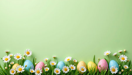 Bright and cheerful Easter scene featuring colorful eggs nestled among white daisies on a soft green background, perfect for spring celebrations and decorations.の素材