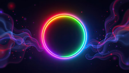 A mesmerizing colorful glowing circle radiates vibrant rainbow hues, surrounded by flowing light waves, set against a dark background to create an enchanting visual.の素材