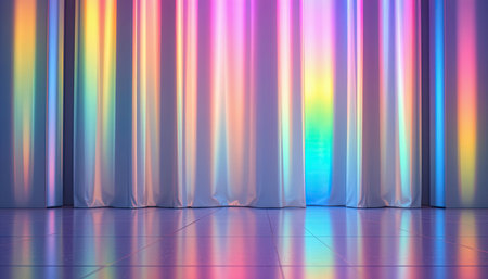 This image features bright and colorful curtains illuminated by light, creating vibrant reflections on a smooth surface. Ideal for creative backgrounds.の素材