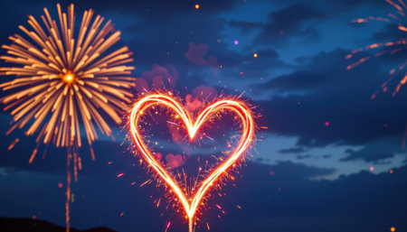 A mesmerizing display of heart-shaped fireworks lighting up the night sky, creating a romantic and festive atmosphere for any celebration or event.の素材