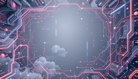 A captivating futuristic cyberpunk frame featuring neon lines and clouds, perfect for enhancing digital projects, showcasing innovation and technology.の素材