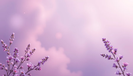 A dreamy scene featuring delicate purple flowers gently swaying under a soft, pastel sky. Ideal for conveying beauty and tranquility in design.の素材