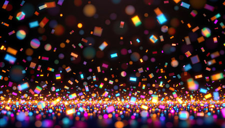 This vibrant background showcases a dynamic array of colorful confetti and sparkling lights, creating a joyful and festive atmosphere perfect for celebrations.の素材
