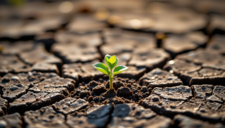 A solitary green seedling pushes through cracked, dry soil, symbolizing resilience and hope in a parched landscape. This image represents life's persistence in harsh conditions.の素材