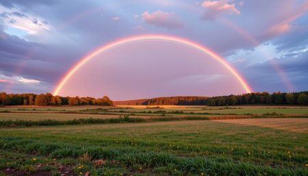 Captivating serene landscape showcasing a vivid rainbow that arches gracefully over lush green fields, set against a dramatic, cloudy sky.の素材