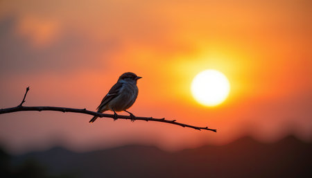A stunning silhouette of a bird sitting on a slender branch during a vibrant sunset, showcasing beautiful warm colors and a serene atmosphere.の素材