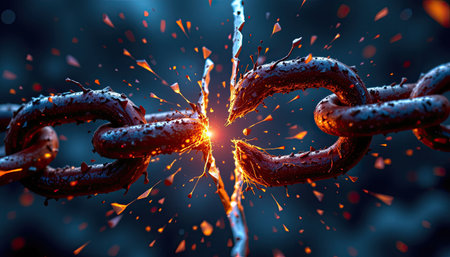 This striking image showcases a metallic chain breaking apart, surrounded by vibrant sparks and flames, symbolizing strength and freedom.の素材