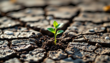 A vibrant green plant emerges from dry, cracked soil, symbolizing nature's resilience and hope in the face of adversity. The image captures the essence of growth and renewal in the environment.の素材