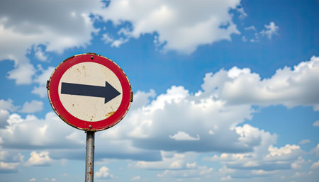 A clear image featuring a directional road sign indicating a right turn against a backdrop of a vibrant blue sky and fluffy white clouds.の素材