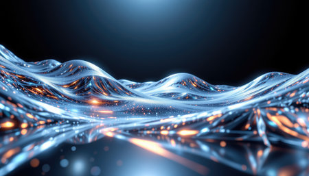 This captivating abstract image features glowing waves that create an illusion of depth and movement. A play of light and texture enhances the futuristic atmosphere.の素材