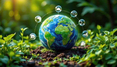 This vibrant image showcases Earth amidst lush green plants, symbolizing the harmony between nature and technology with eco-friendly icons, highlighting sustainability themes.の素材
