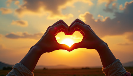 A beautiful moment captured with hands forming a heart shape against a stunning sunset sky. The vibrant colors and soft clouds evoke feelings of love and tranquility.の素材