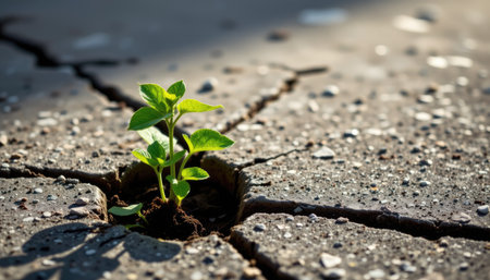 A vibrant green seedling emerges through a crack in a concrete surface, symbolizing resilience and hope in an urban environment, showcasing nature's strength.の素材
