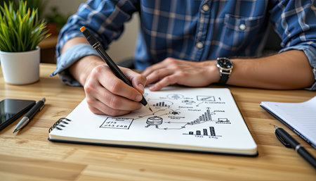 A close-up shot of a business professional sketching charts and graphs in a notebook, symbolizing creativity and strategic planning in a modern workspace.の素材