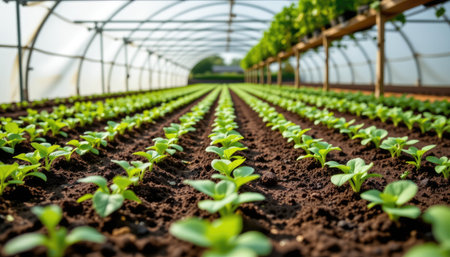 A vibrant image showcasing rows of healthy seedlings thriving in rich soil inside a greenhouse, emphasizing sustainable agricultural practices and growth potential.の素材