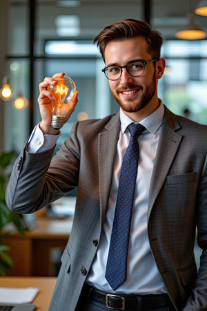 A confident businessman stands in a modern office space, holding a glowing light bulb that symbolizes bright ideas and innovation. The professional attire and positive demeanor reflect a dynamic corporate culture aimed at success and creativity.の素材