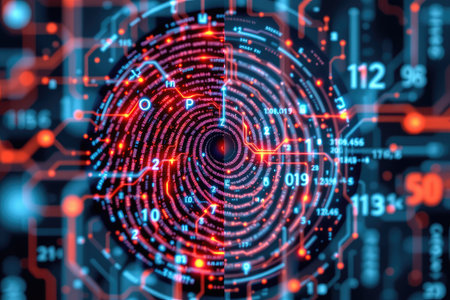 A captivating digital illustration featuring a circular pattern of glowing numbers and lines, representing technology and data flow in a vibrant design.の素材