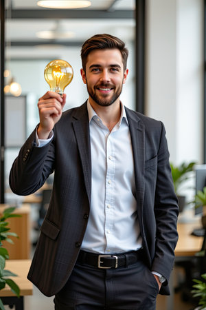 A confident businessman stands in a modern office, holding a light bulb that represents inspiration and innovation, showcasing creativity in the workplace.の素材