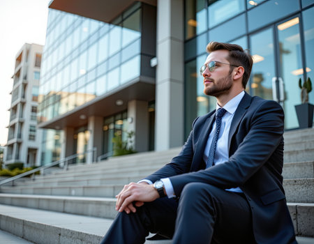 A young professional man dressed in a business suit sits confidently on the steps of a modern office building, exuding a sense of style and success.の素材