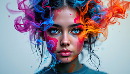 A captivating portrait of a young woman surrounded by vibrant colors of smoke and paint, reflecting emotion and creativity in a modern artistic style.の素材