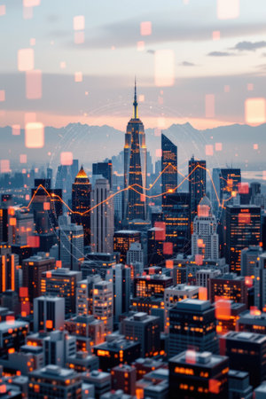 Captivating city skyline featuring iconic structures under a sunset backdrop, enhanced with digital graphics symbolizing growth trends and analytics.の素材