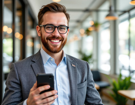 A cheerful businessman in a stylish office space holds a smartphone and smiles confidently at the camera. The modern design and greenery enhance the vibrant atmosphere.の素材