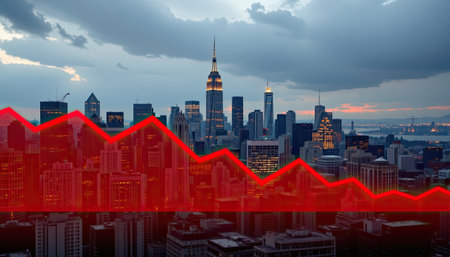 Captivating view of New York City skyline at dusk, contrasted by a striking financial downtrend graph overlay, reflecting economic challenges and urban dynamics.の素材