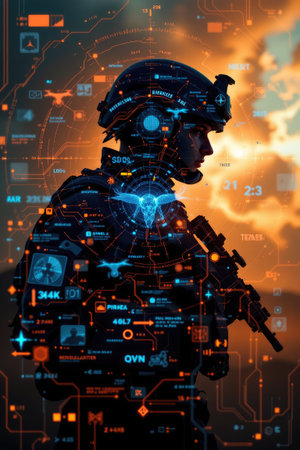 This image features a futuristic soldier in combat gear, silhouetted against a vibrant sunset. Integrated digital elements enhance the modern military theme, showcasing high-tech warfare.の素材