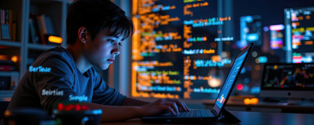A young boy immersed in coding on his laptop, surrounded by vibrant data visualizations and technology screens, creating a modern and inspiring atmosphere for learning.の素材