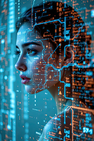 A captivating portrait of a young woman set against a futuristic digital interface, showcasing technology with abstract coding patterns and vibrant colors.の素材