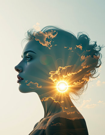 A captivating silhouette of a woman showcasing the sun and clouds within her profile, embodying serenity and inner peace against a tranquil sky.の素材