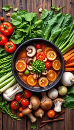 A vibrant arrangement of fresh vegetables and soup ingredients showcases a variety of colors and textures on a rustic wooden backdrop, perfect for culinary inspiration.の素材