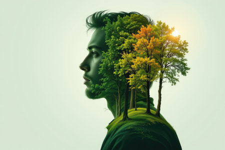 This captivating image showcases a man's silhouette seamlessly merging with vibrant trees, symbolizing a deep connection to nature and tranquility.の素材
