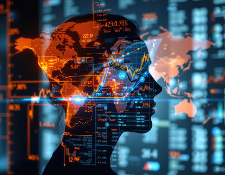 This striking image showcases a human silhouette filled with vibrant digital data visualizations, highlighting global financial trends and innovative technology.の素材