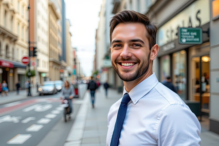 A young man dressed in business attire stands confidently on a lively city street, showcasing a warm smile and positive energy in a bustling urban environment.の素材