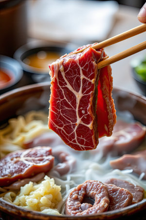 A close-up view of fresh raw meat slices being held with chopsticks above a hot pot, featuring various colorful ingredients ready to be cooked.の素材
