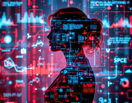 A striking profile silhouette of a woman combined with a vibrant display of digital data overlays in red and blue tones, symbolizing technology.の素材