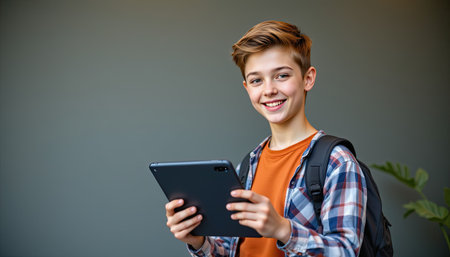 A cheerful teenage boy is holding a tablet and smiling warmly. He wears a stylish backpack and casual clothing, embodying a modern educational lifestyle.の素材