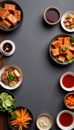 A captivating display of fresh ingredients ideal for Asian cuisine, featuring salmon, vibrant sauces, and vegetables, arranged stylishly on a dark background.の素材